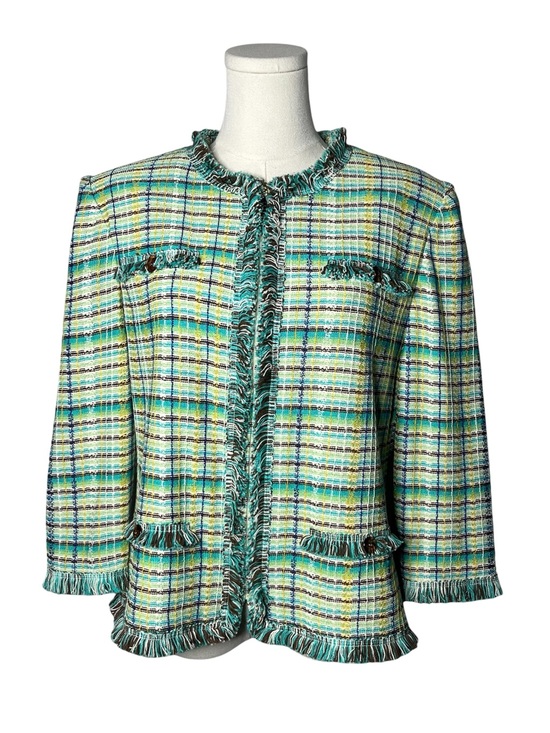 St. John Jackets & Blazers - St John Green Plaid Tweed Novelty Knit Zip Up Cardigan Jacket